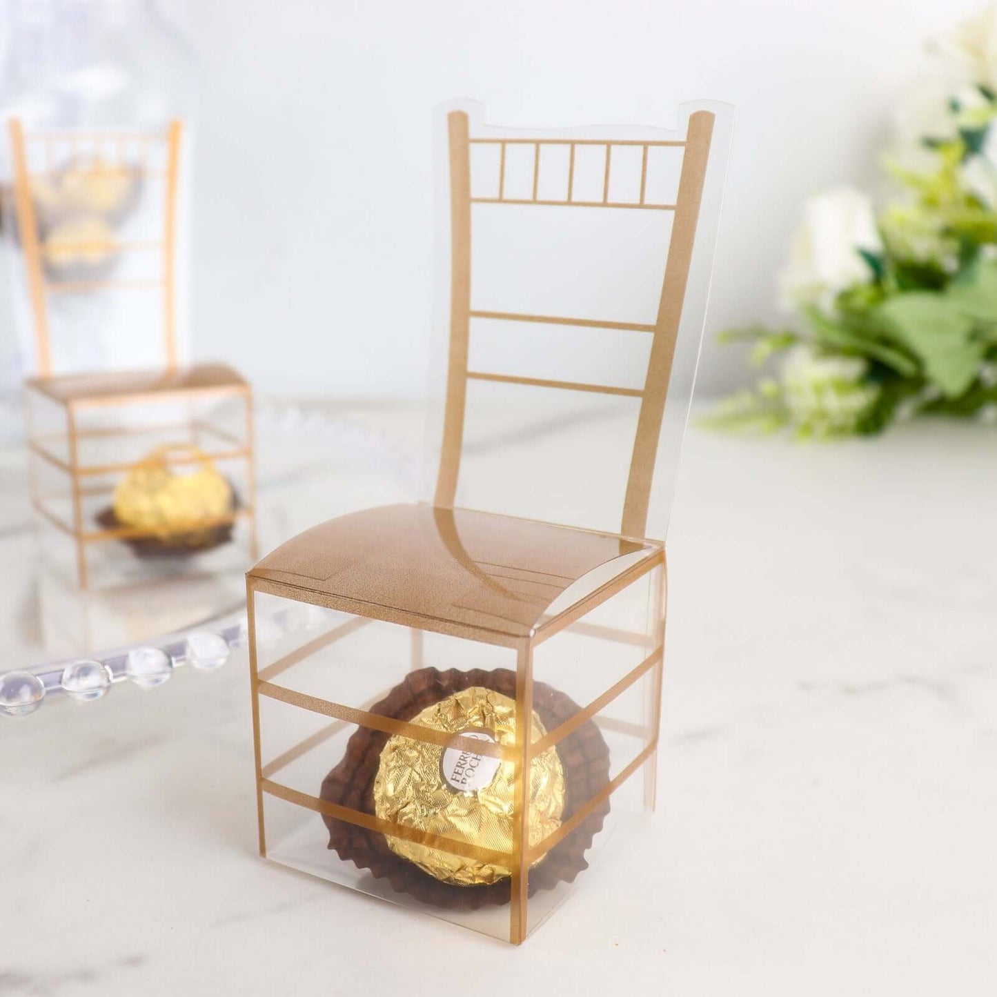 25 Pack Clear and Gold PVC Chiavari Chair-Shaped Party Favor Candy Gift Boxes - 2"x5"