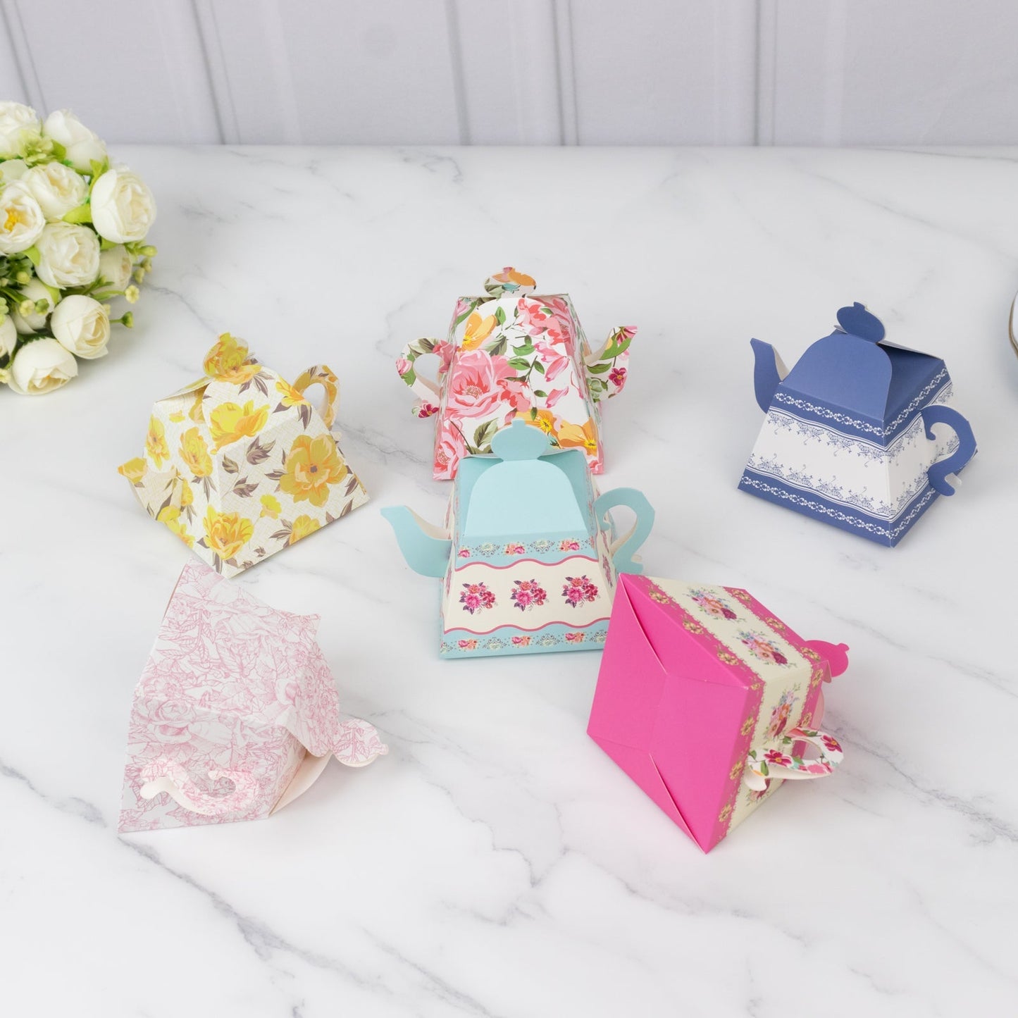 24 Pack Cardboard Favor Boxes in Mixed Vintage Floral Tea Pot Design - Elegant Gift Box for Weddings & Baby Showers - 5"x4"