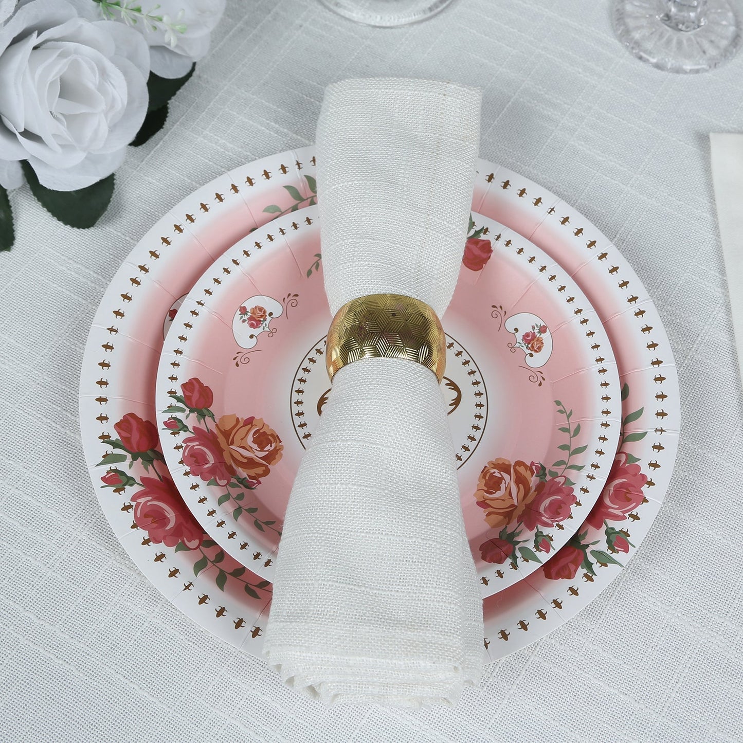 25-Pack Paper 7" Round Dessert Plates in Dusty Rose with Vintage Rose Flower Print - Disposable Appetizer Salad Plates