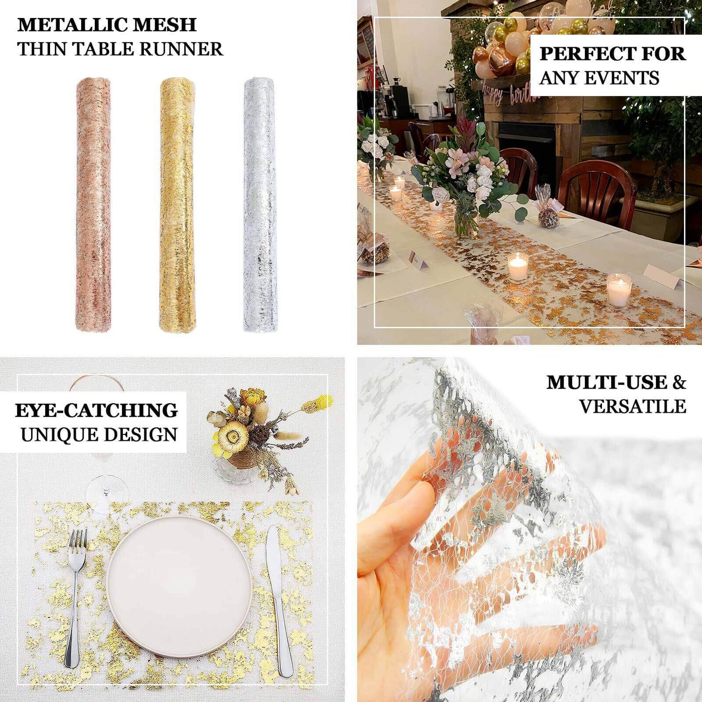 Mesh Polyester 108" Table Runner Roll Metallic Silver - Distressed Foil Look Disposable Table Decor