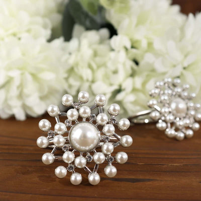 4 Pack Pearl And Diamond Rhinestone Silver Metal Napkin Rings, Decorative Napkin Buckle Holders