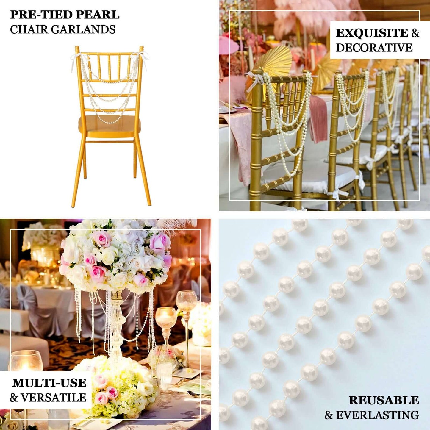 Faux Pearl Beaded 16" Chair Back Garland Sash Clear Gatsby-Inspired Style - Pre-Tied Chic Wedding Decor for Chiavari Chairs