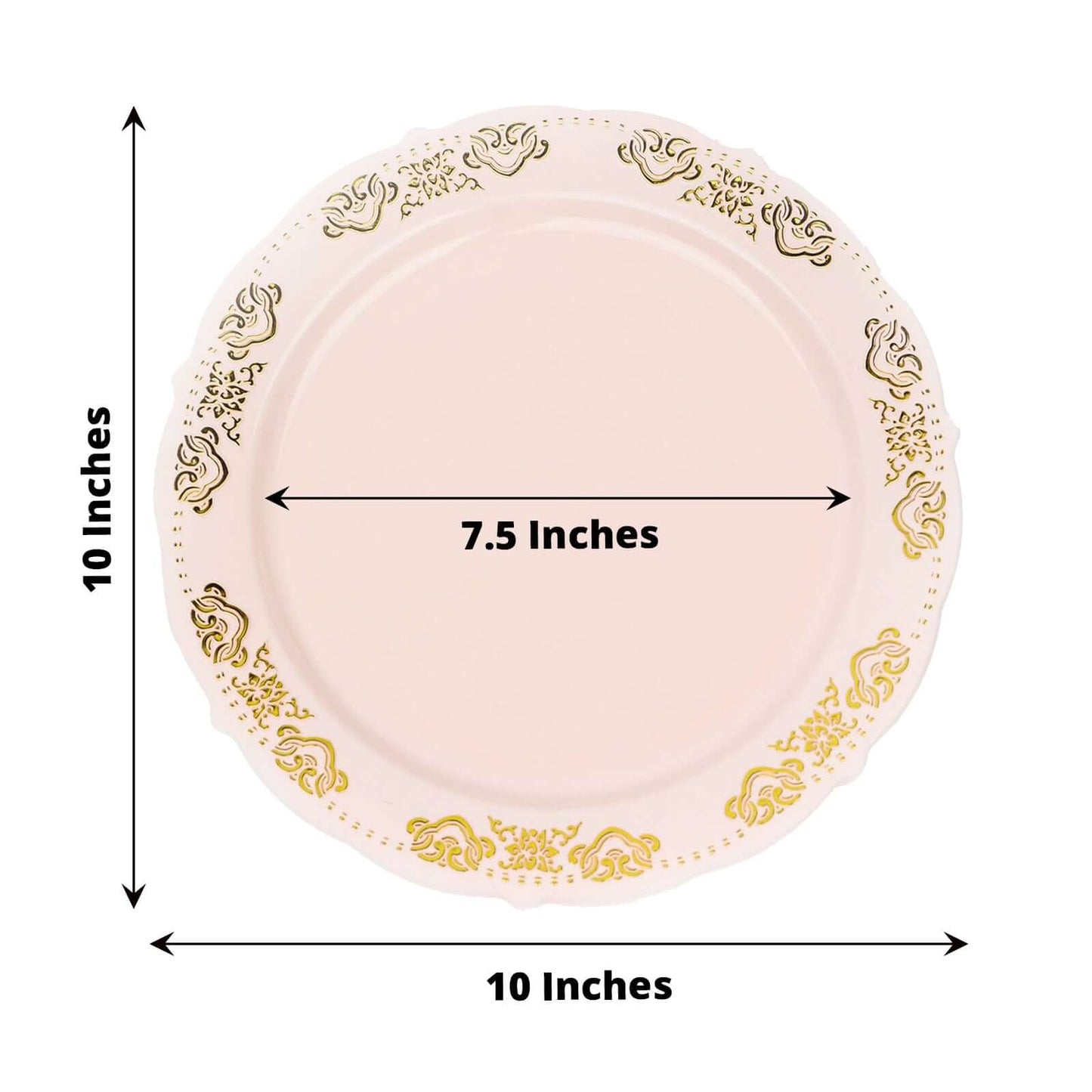 10-Pack Plastic 10" Round Dinner Plates in Blush with Gold Embossed Scalloped Edge - Chic Disposable Party Plates for Special Occasions & Banquets