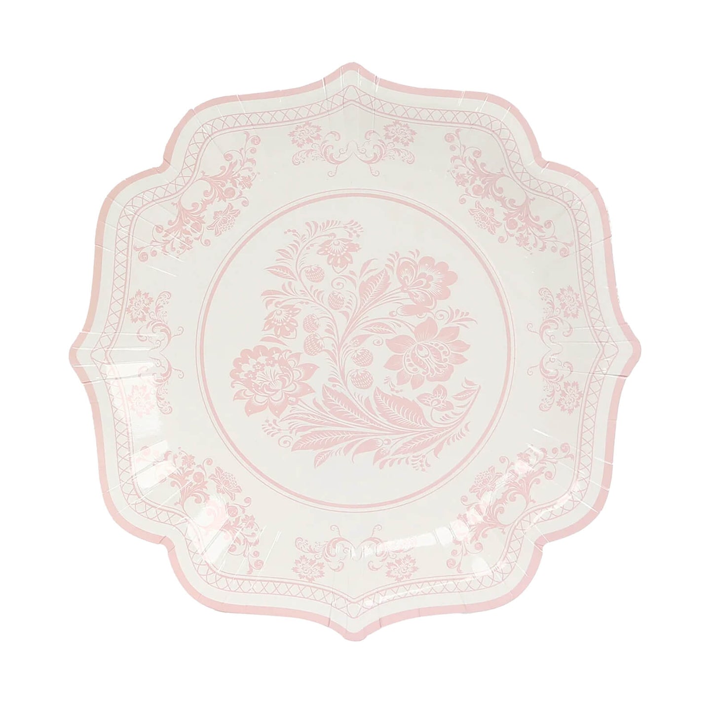25-Pack Paper Dessert Plates in White with Pink Damask Floral Print & Scallop Rim - Stylish Disposable 300GSM Floral Salad Appetizer Plates 8"