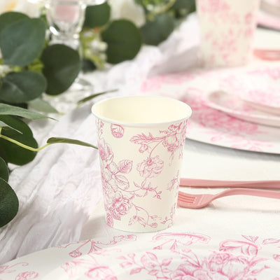 24-Pack Paper Cups in White with Pink French Toile Print - Stylish Disposable Floral Party Cups for Weddings & All Purpose Use 9oz