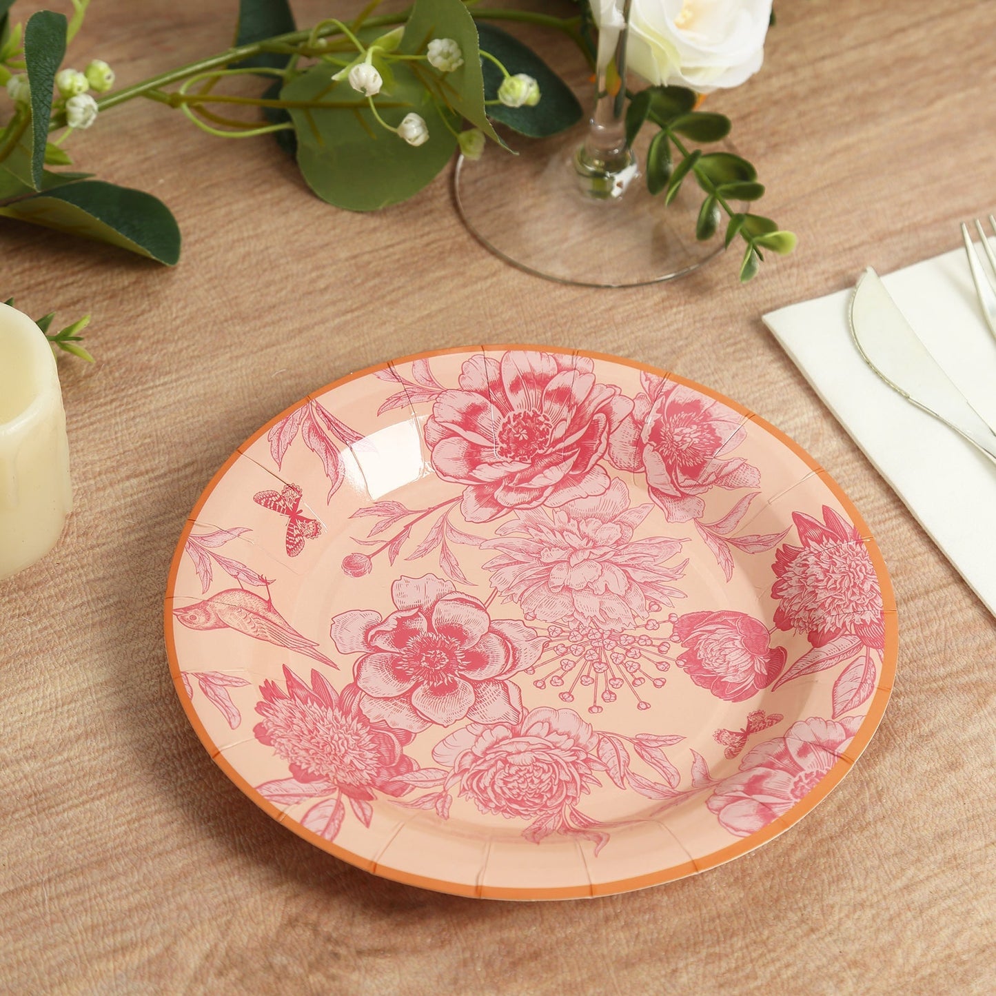 50-Pack Paper Round Dessert and Dinner Plates in Dusty Rose Spring Floral Print with Gold Rim for Table Decor 7", 9"
