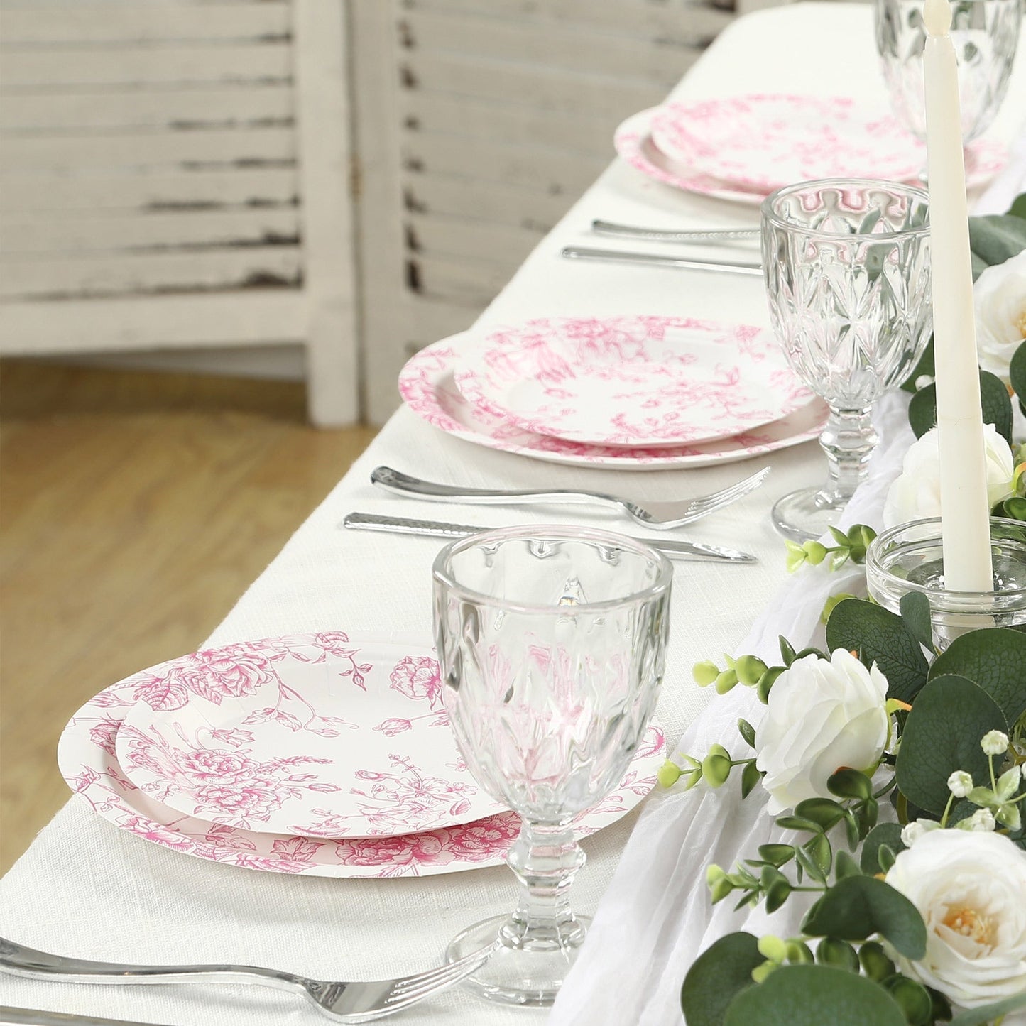 25-Pack Paper 7" Round Dessert Plates in White with Matte Pink French Toile Pattern - Disposable Floral Salad Appetizer Plates