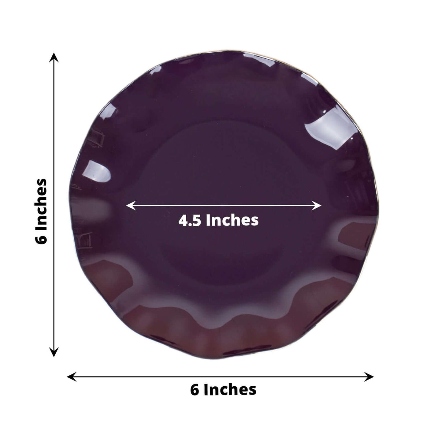 10-Pack Plastic Round 6" Dessert Plates in Purple Ruffled Rim with Gold Edging - Sturdy Disposable Salad Appetizer Dinnerware