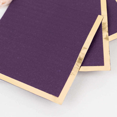 50-Pack Paper Beverage Napkins Purple with Gold Foil Edge - 2 Ply Disposable Soft 18GSM Cocktail Napkins 5"x5"