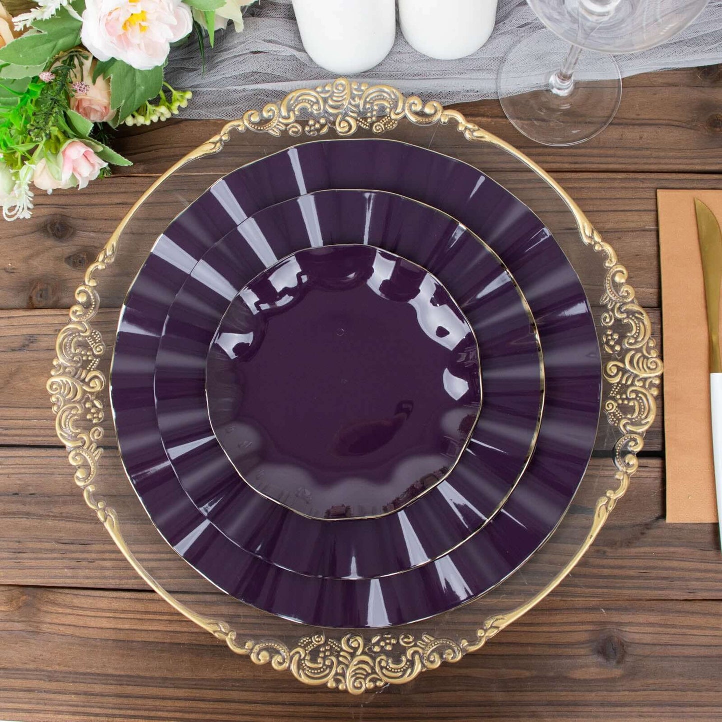 10-Pack Plastic 11" Round Dinner Plates in Purple Ruffled Rim with Gold Edging - Sturdy Disposable Dinnerware