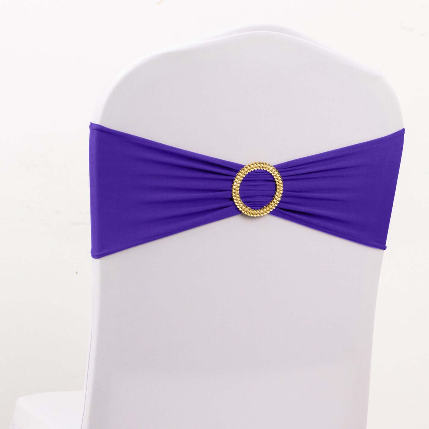 5 Pack Spandex Chair Sashes Purple with Gold Rhinestone Buckles - Reusable Four-Way Stretch Sash Bands 5"x14"