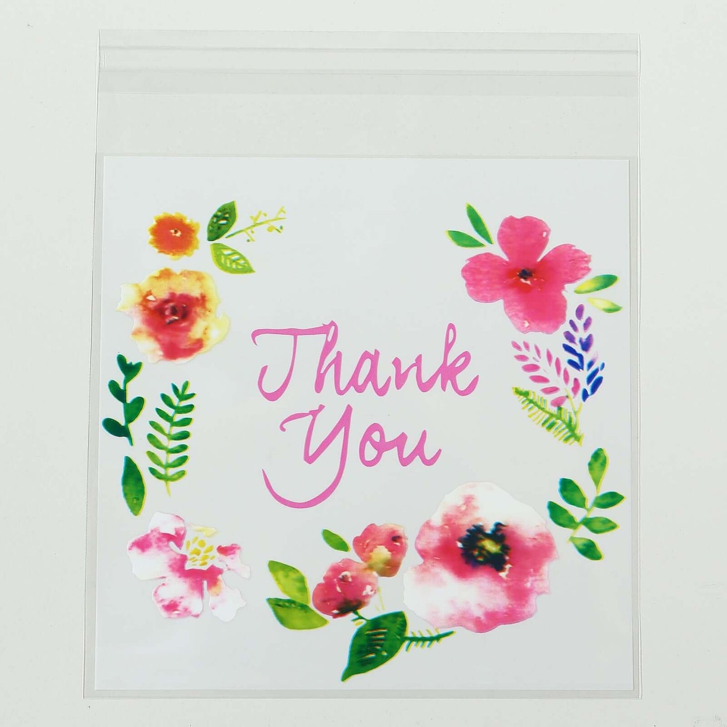 100-Pack PVC Cookie Candy Bags White/Clear - Decorative Self Adhesive Goodie Bags With "Thank You" Print & Floral Accents for Stylish Wedding Birthday Party Favors 6"x7"