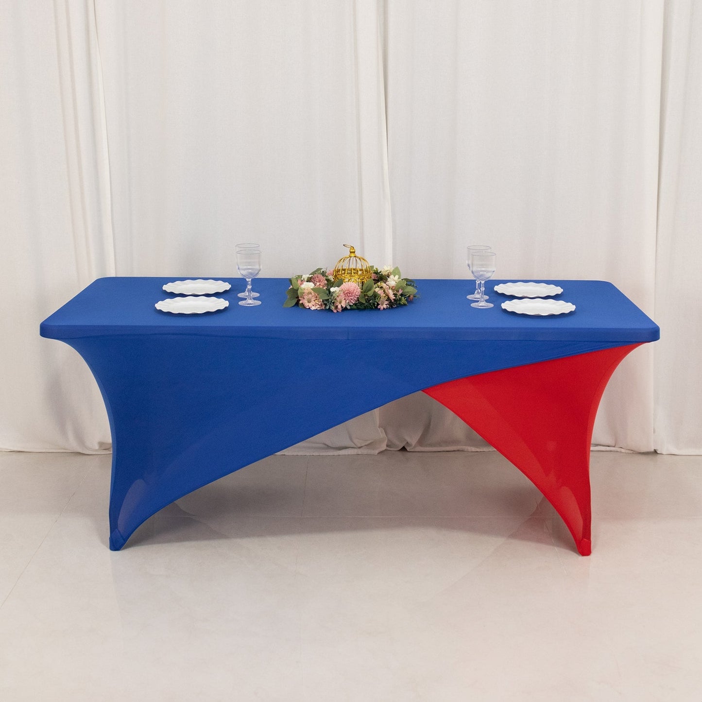 Stretch Spandex 72"x30" Rectangle Table Cover Royal Blue/Red Cross Over Design - Two-Piece Fitted Tablecloth with Elastic Foot Pockets