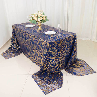 Mesh 90"x156" Rectangle Tablecloth Royal Blue/Gold - Wave Sequin Embroidered Table Cover