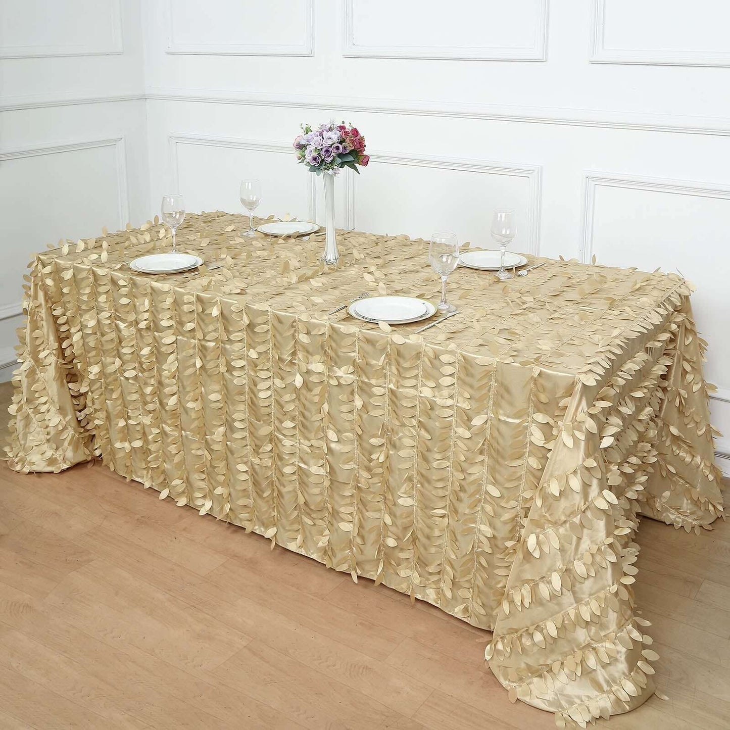Taffeta 90"x132" Rectangle Tablecloth Champagne | 3D Leaf Petal Design Seamless Table Cover