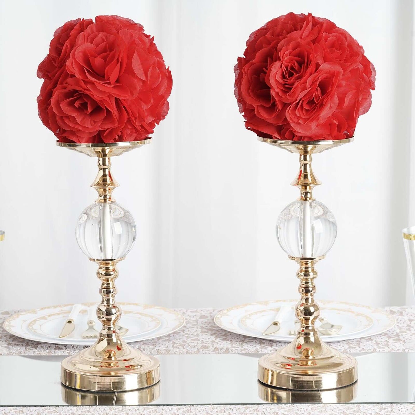 2 Pack 7" Red Artificial Silk Rose Kissing Ball, Faux Flower Ball
