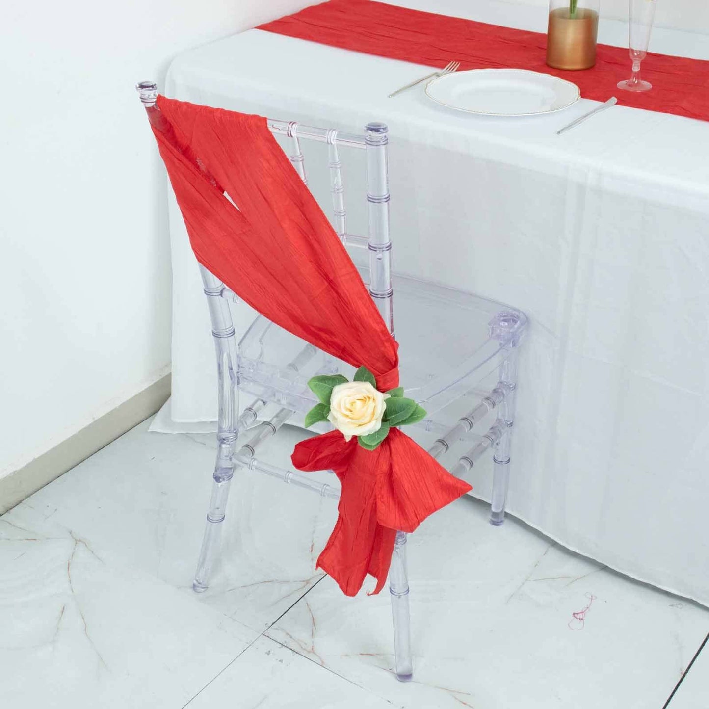 5 Pack Taffeta 6"x106" Chair Sashes Red Accordion Crinkle Texture - Stylish Decor for Weddings & Gatherings