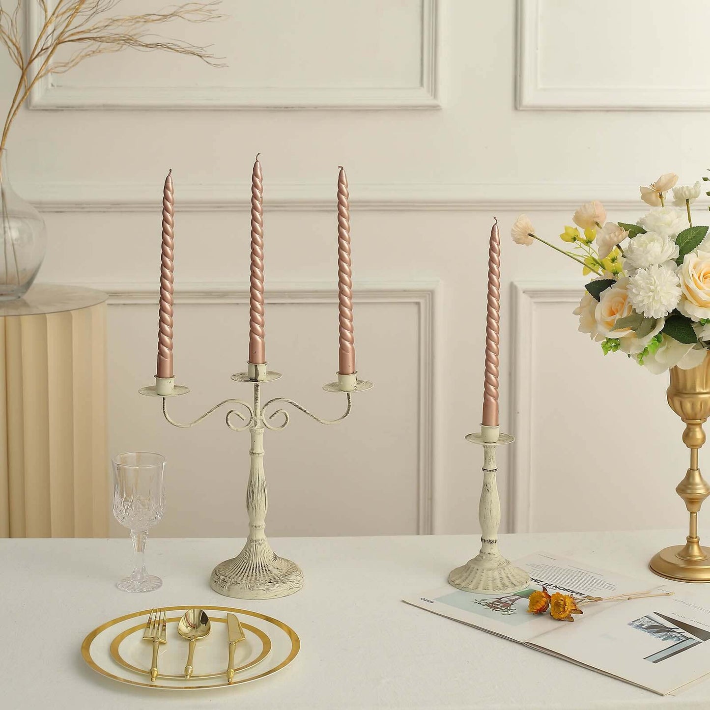 12-Pack Taper Candles Spiral Long Burn Wick Design Matte Rose Gold - Premium Unscented Wax Dinner Candle Sticks 11"