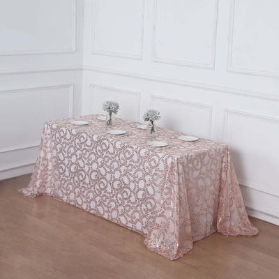 Tulle 90"x156" Rectangle Tablecloth Rose Gold - Sequin Leaf Embroidered Table Cover