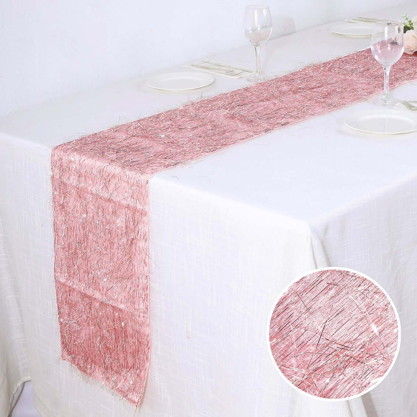Metallic Tinsel Polyester 12"x108" Table Runner Rose Gold - Shimmery Fringe Shag Table Decor
