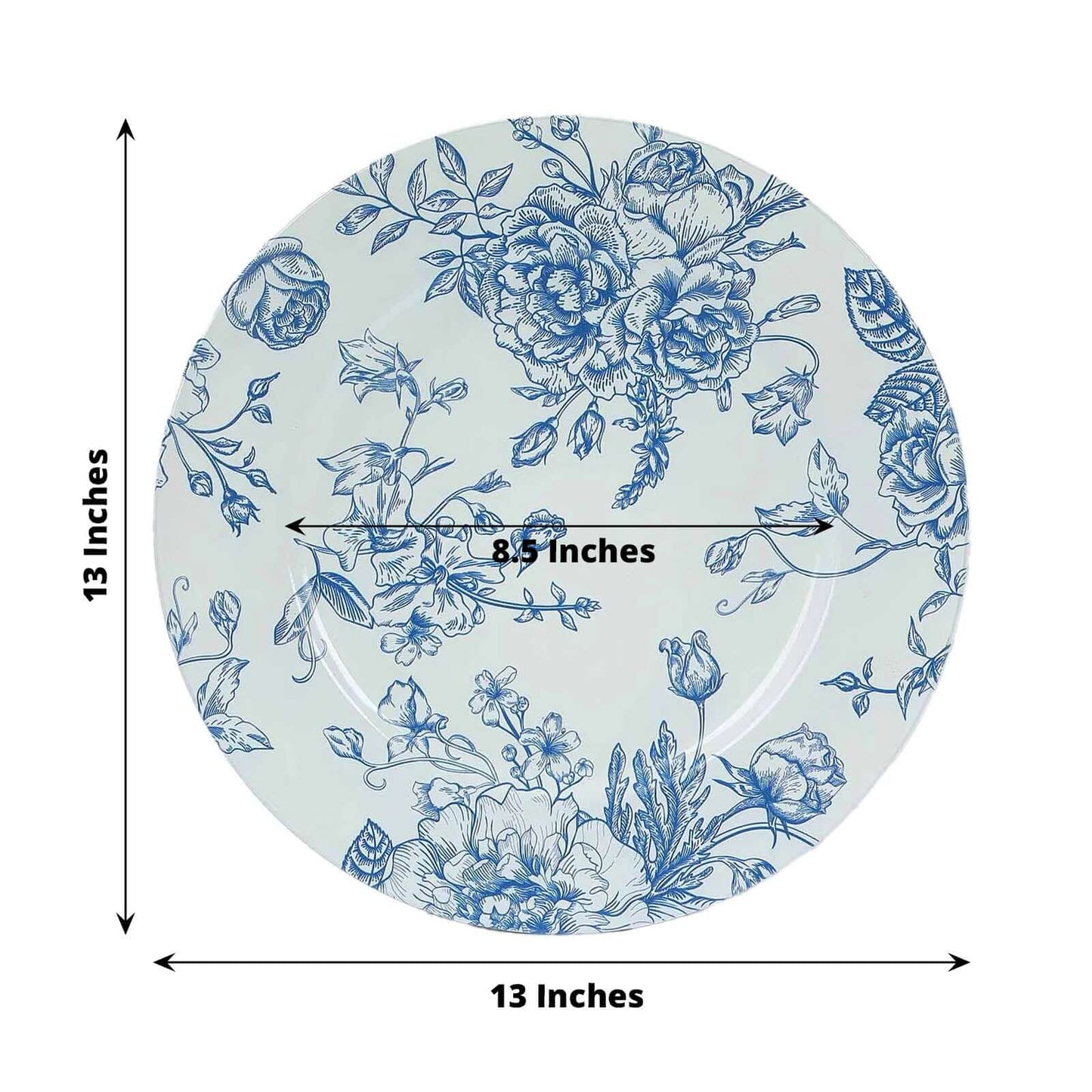 6-Pack Acrylic Round Charger Plates 13" in White with Light Blue Floral French Toile Pattern, Decorative Dinner Party Charger Tableware