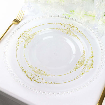 10-Pack Plastic 10" Round Dinner Plates in Clear with Gold Leaf Embossed Rim - Disposable Vintage Baroque Style Plates