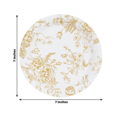 25-Pack Paper 7" Round Dessert Plates in White with Gold French Toile Pattern - Disposable Floral Salad Appetizer Plates for Chic Event Decor