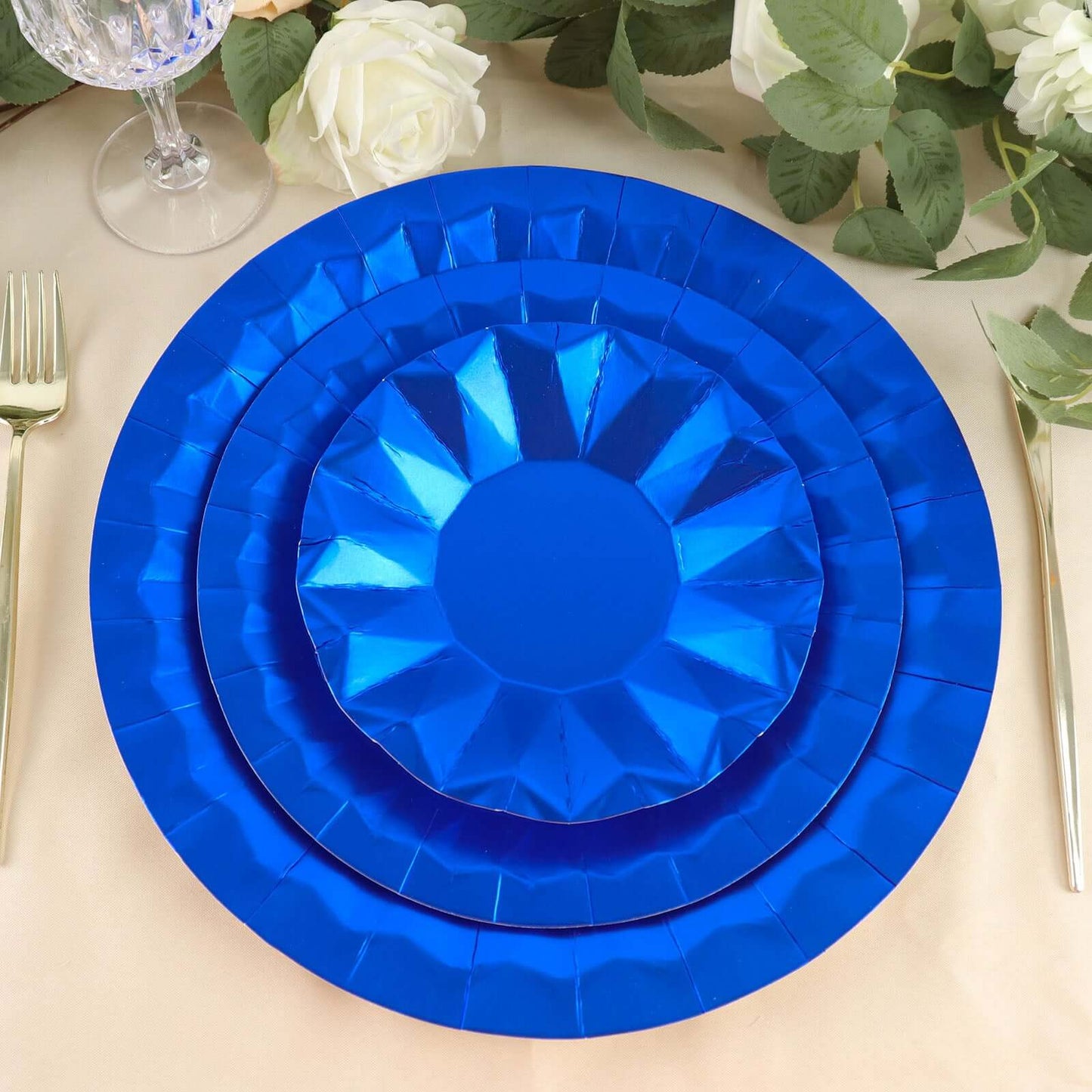 25-Pack Paper 12" Round Charger Plates in Royal Blue with Geometric Prism Design - Disposable 400GSM Serving Trays