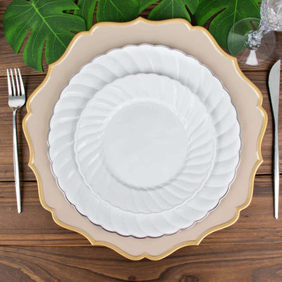 12-Pack Plastic Dessert Plates White Flair Rim - Sturdy Disposable Salad Plates 7.5"