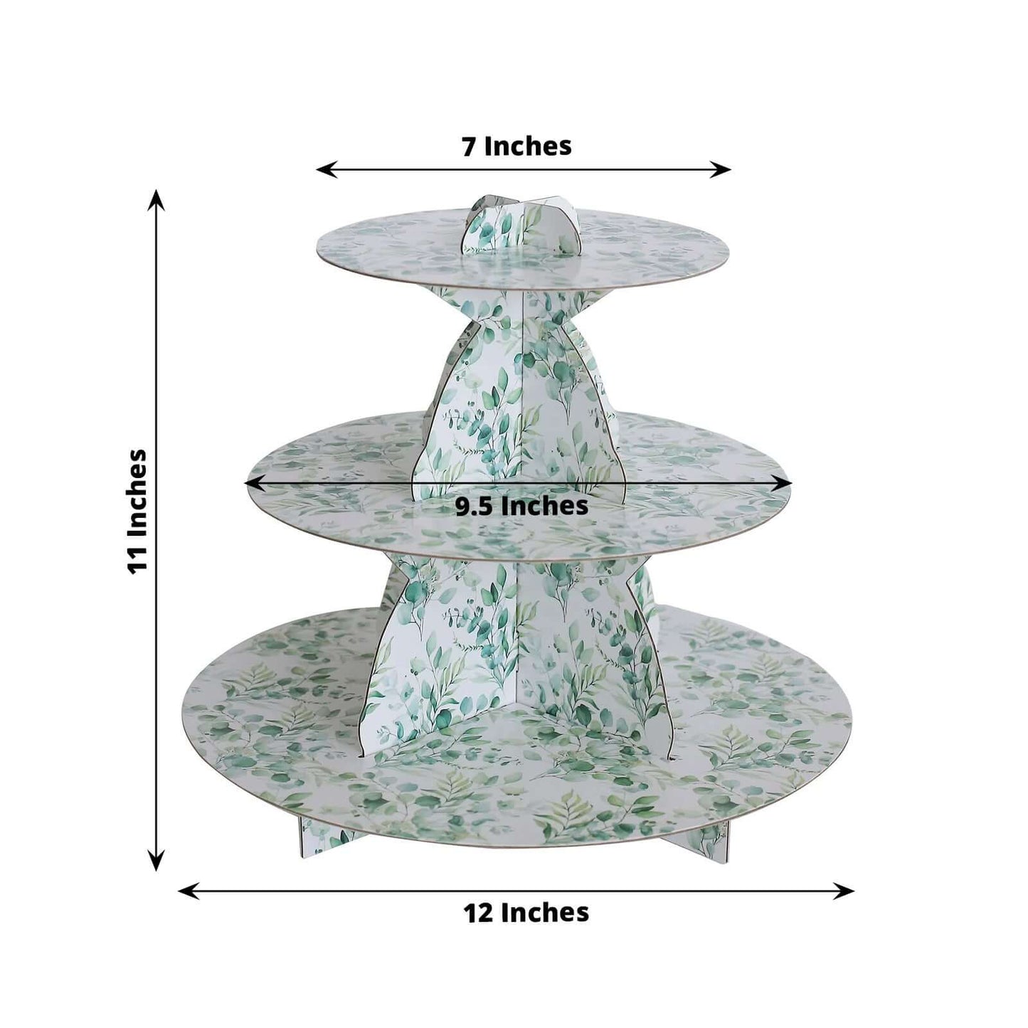 3-Tier Cardboard Cupcake Stand White with Green Eucalyptus Leaves Pattern - Reusable Dessert Display Stand Round Serving Platter for High-Tea Gatherings Weddings & Spring Celebrations 11"