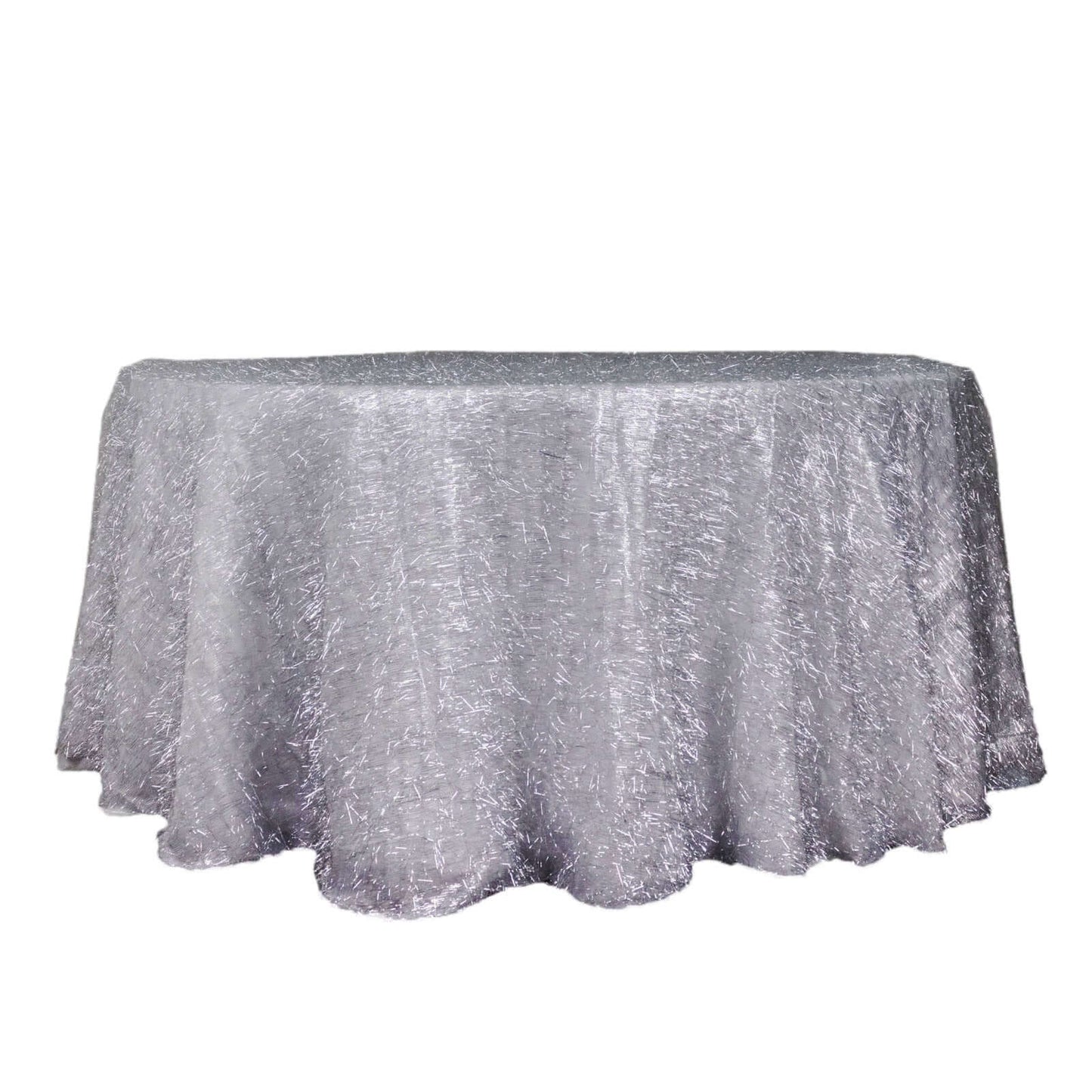 Polyester 120" Round Silver Tablecloth Metallic Fringe Shag Tinsel Table Cover