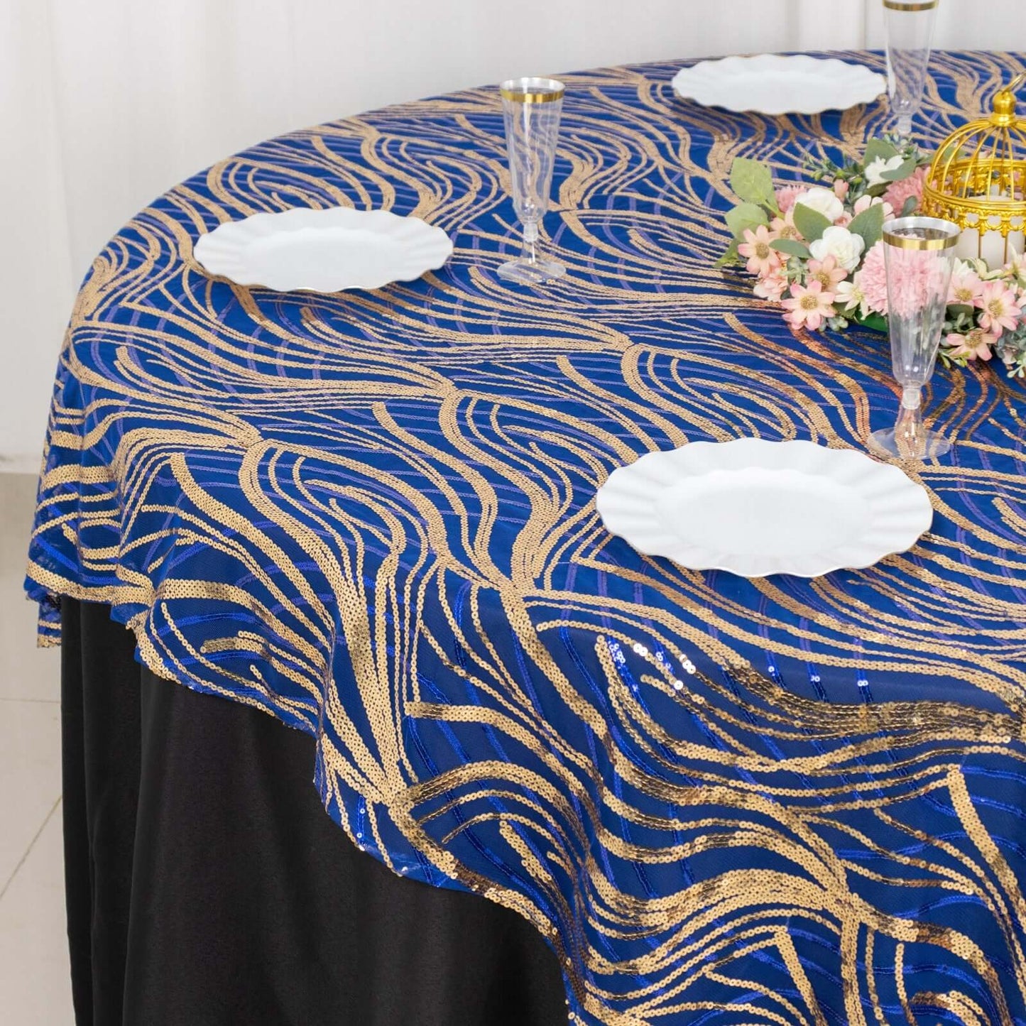 Mesh 72"x72" Table Overlay Square Tablecloth Royal Blue - Wave Embroidered Sequins Table Topper