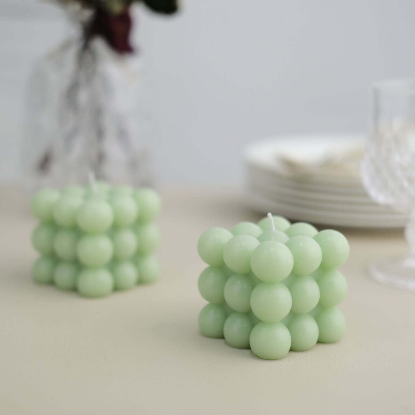 2-Pack Decorative Paraffin Wax Candles Bubble Cube Design Sage Green - Unscented Long Burning Pillar Candle Set 2"