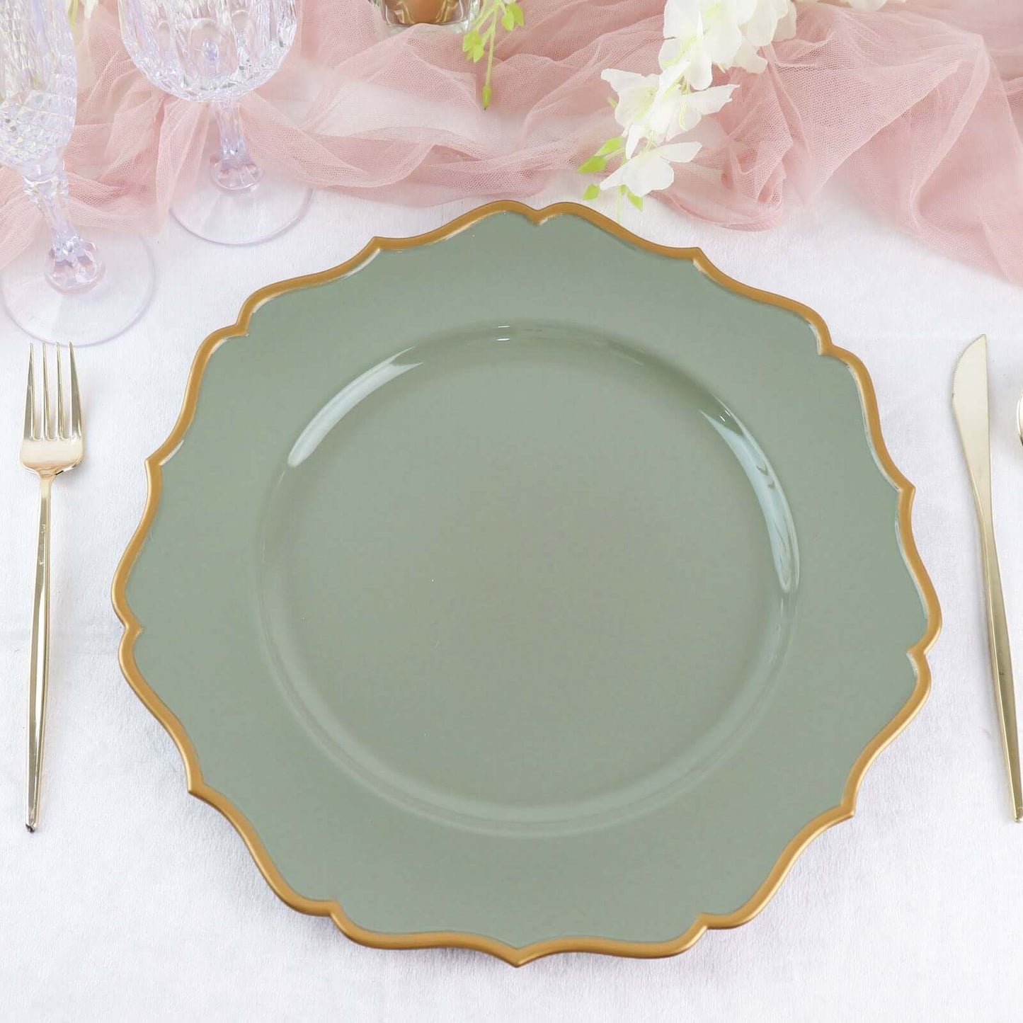 6-Pack Acrylic Round Charger Plates 13" in Dusty Sage Green with Gold Scalloped Rim, Decorative Dinner Party Plastic Charger Tableware