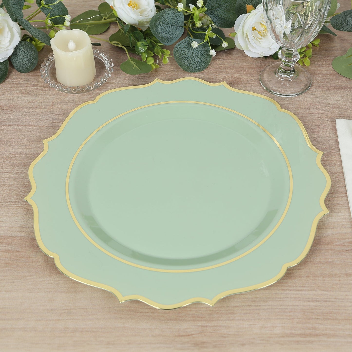 10-Pack Economy Plastic Round Charger Plates 13" in Sage Green with Gold Scalloped Rim, Decorative Dinner Party Serving Plates