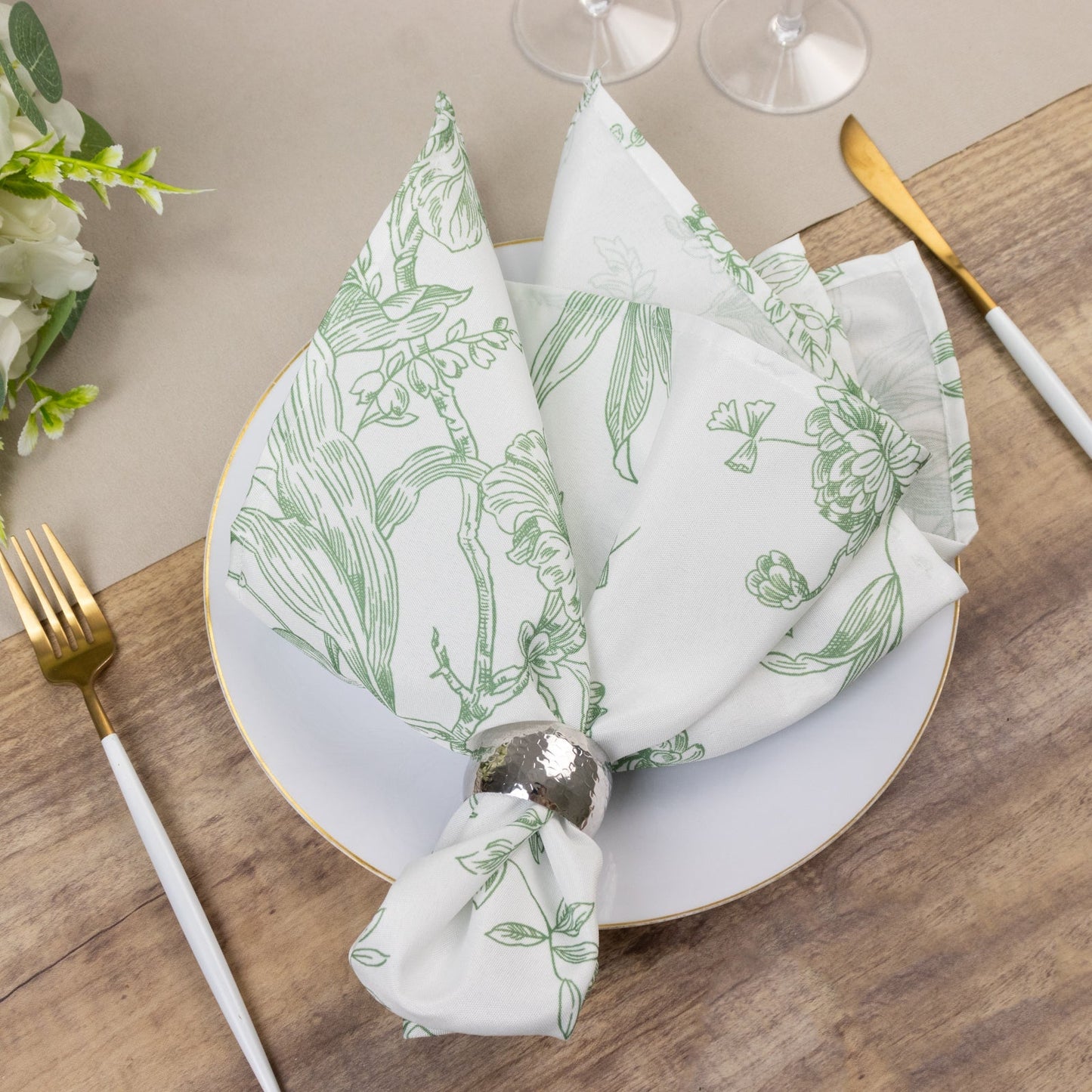 5 Pack Polyester 20"x20" Dinner Napkins White with Dusty Sage Green French Toile Pattern - Reusable Floral Cloth Napkins