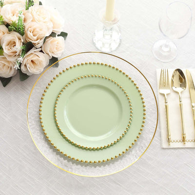 10-Pack Plastic 10" Round Dinner Plates in Sage Green with Gold Beaded Rim - Disposable Party Plates for Banquets & Festive Occasions
