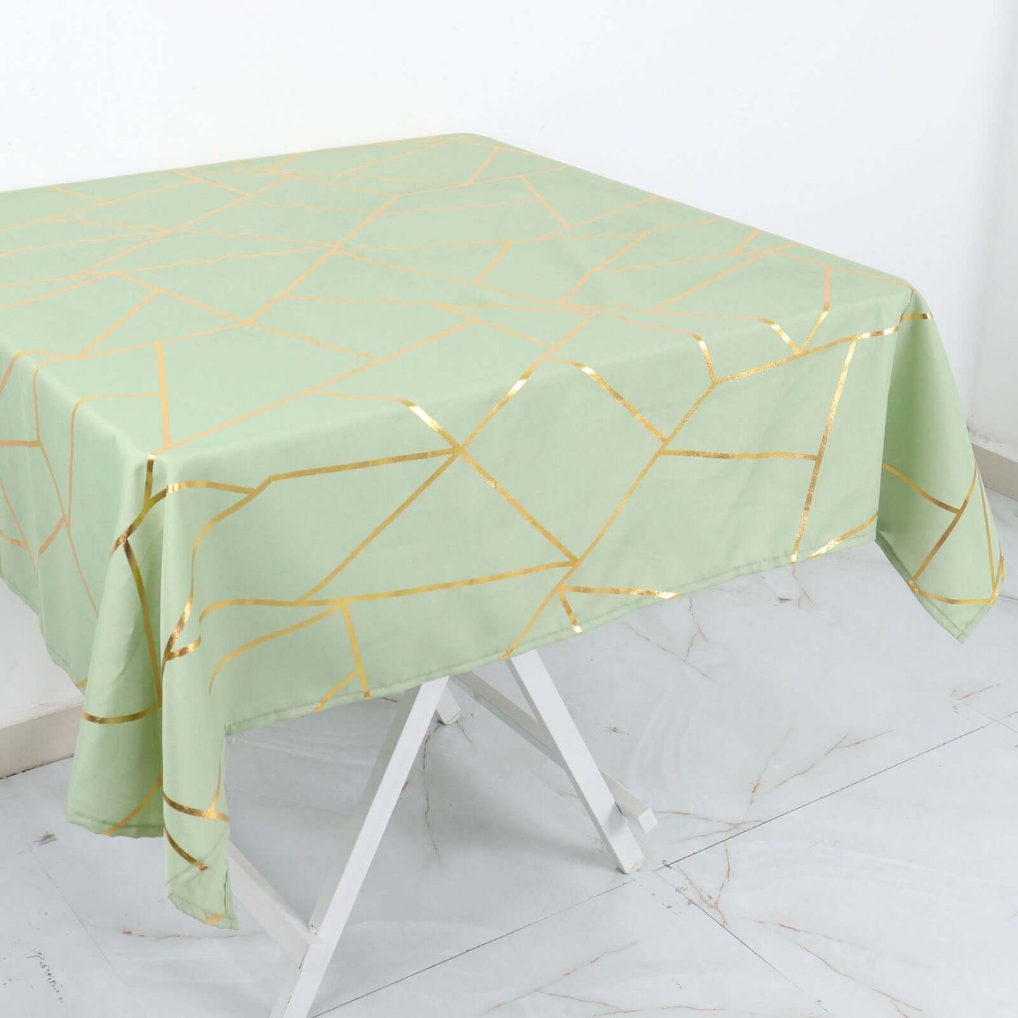Polyester 54"x54" Square Tablecloth Sage Green with Gold Foil Geometric Pattern - Wrinkle-Resistant & Durable for Stylish Settings