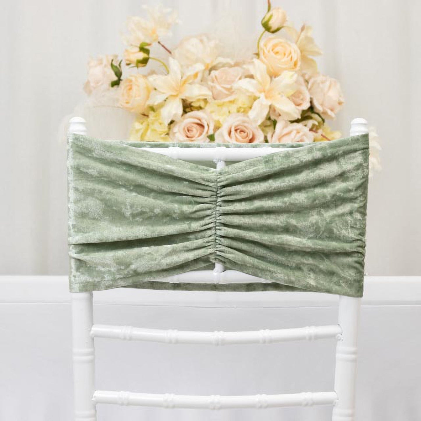 5 Pack Crushed Velvet Chair Bands Sage Green Wide Ruffle Style - Textured Chair Sashes for Stunning Event Decor - 8"x15"