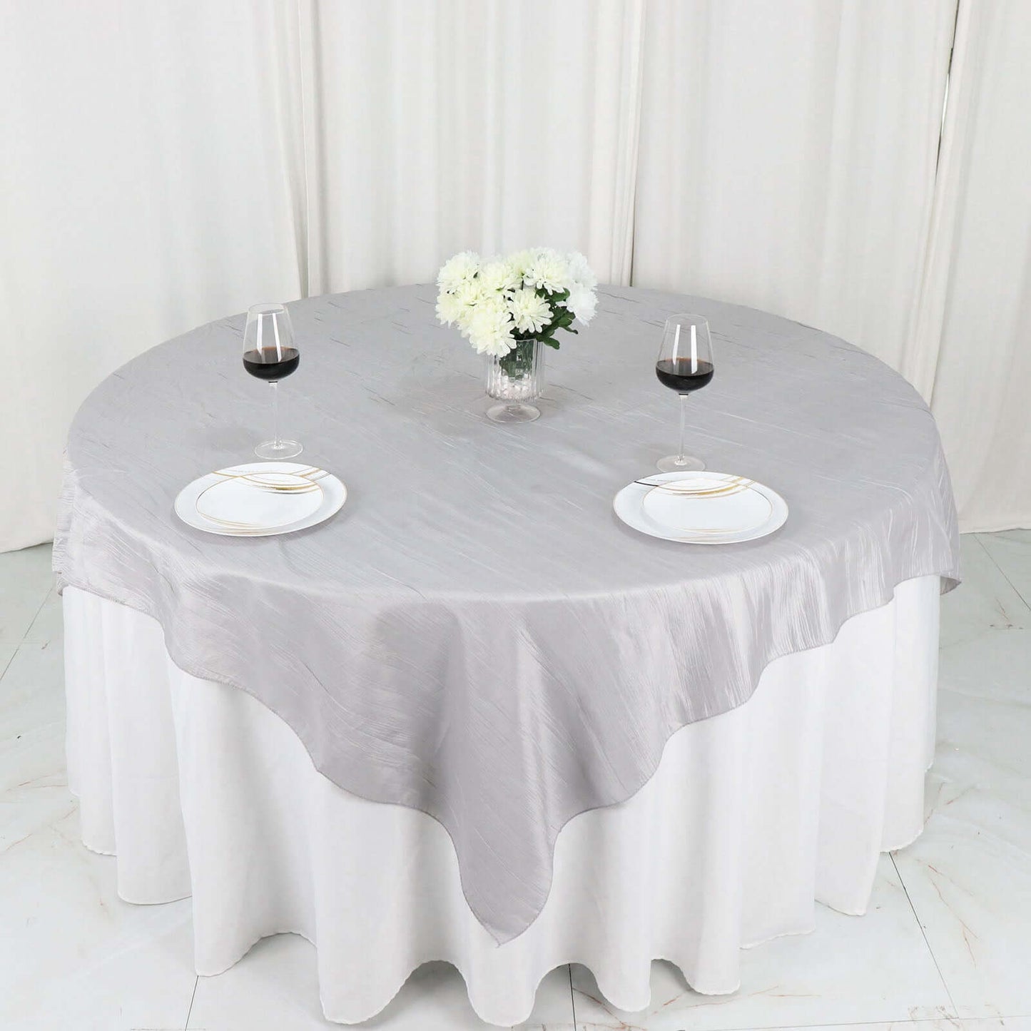 Taffeta 72"x72" Table Overlay Square Tablecloth Silver - Accordion Crinkle Table Cover