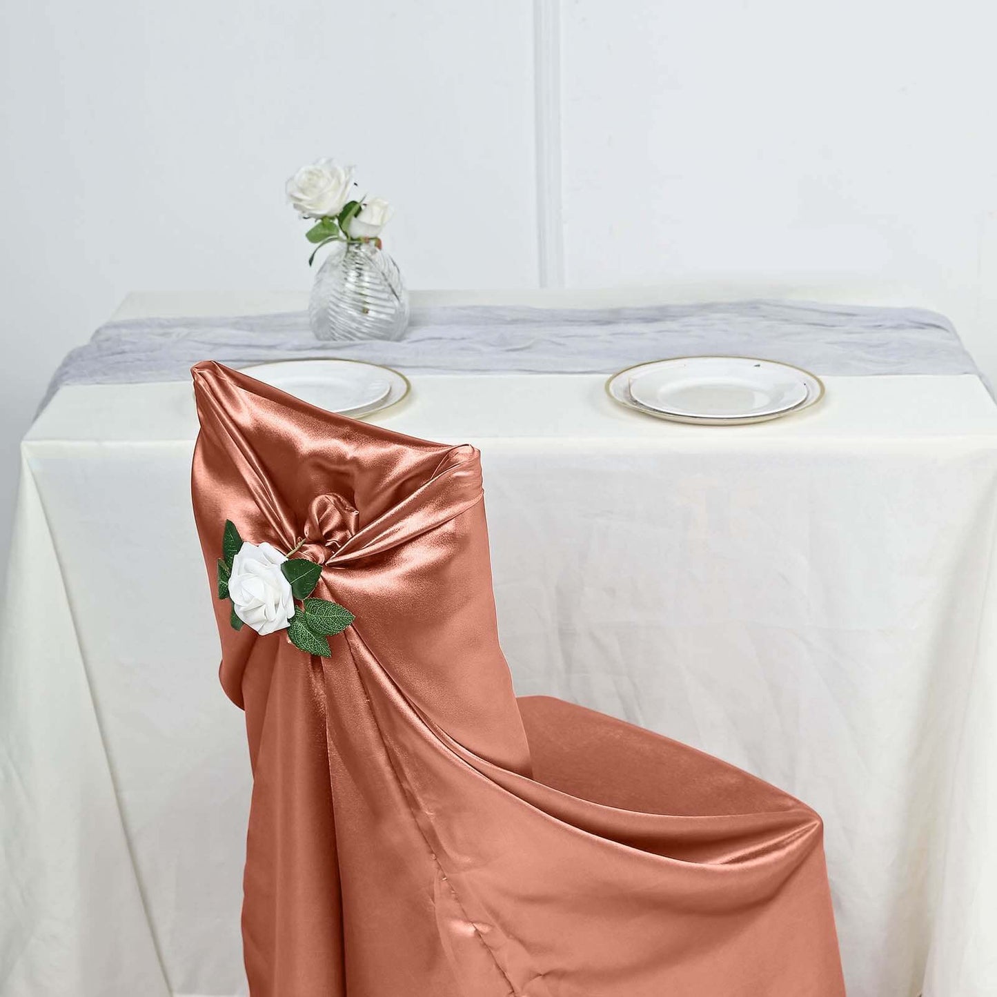 Satin Chair Cover Self-Tie Universal Design Terracotta (Rust) - Durable Slip-On Cover for Folding, Dining, Banquet & Standard Chairs
