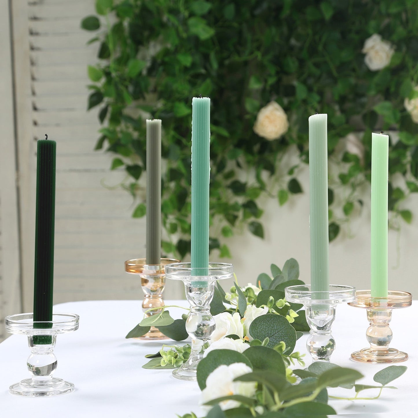 5-Pack Taper Candles Ribbed Wick Ribbon Wax Design Assorted Sage Green - Premium Unscented Dinner Candles 9"