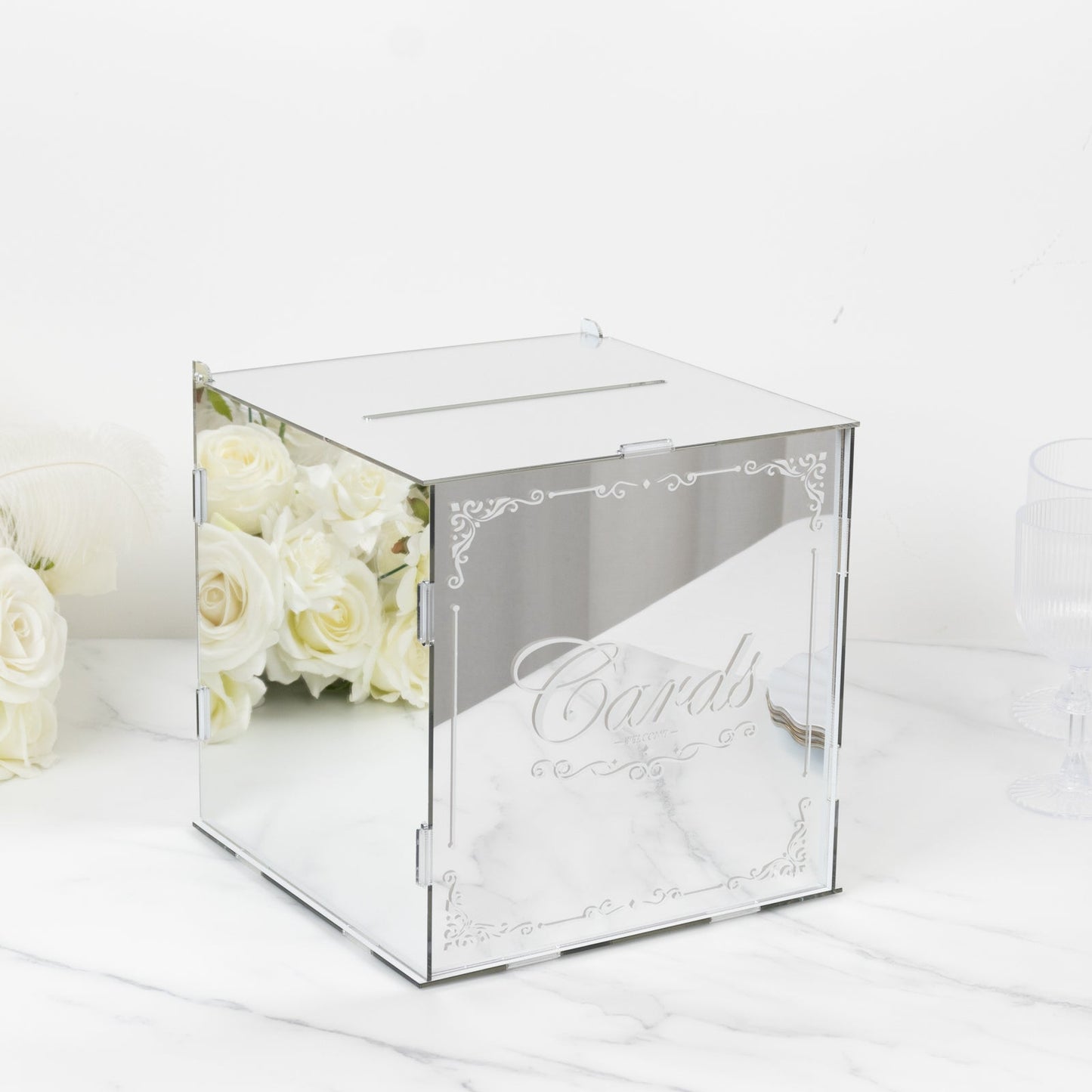 10" Silver Mirror Acrylic Wedding Card Box with Slot - Wishing Well Money Box for Reception, Graduation, and Events