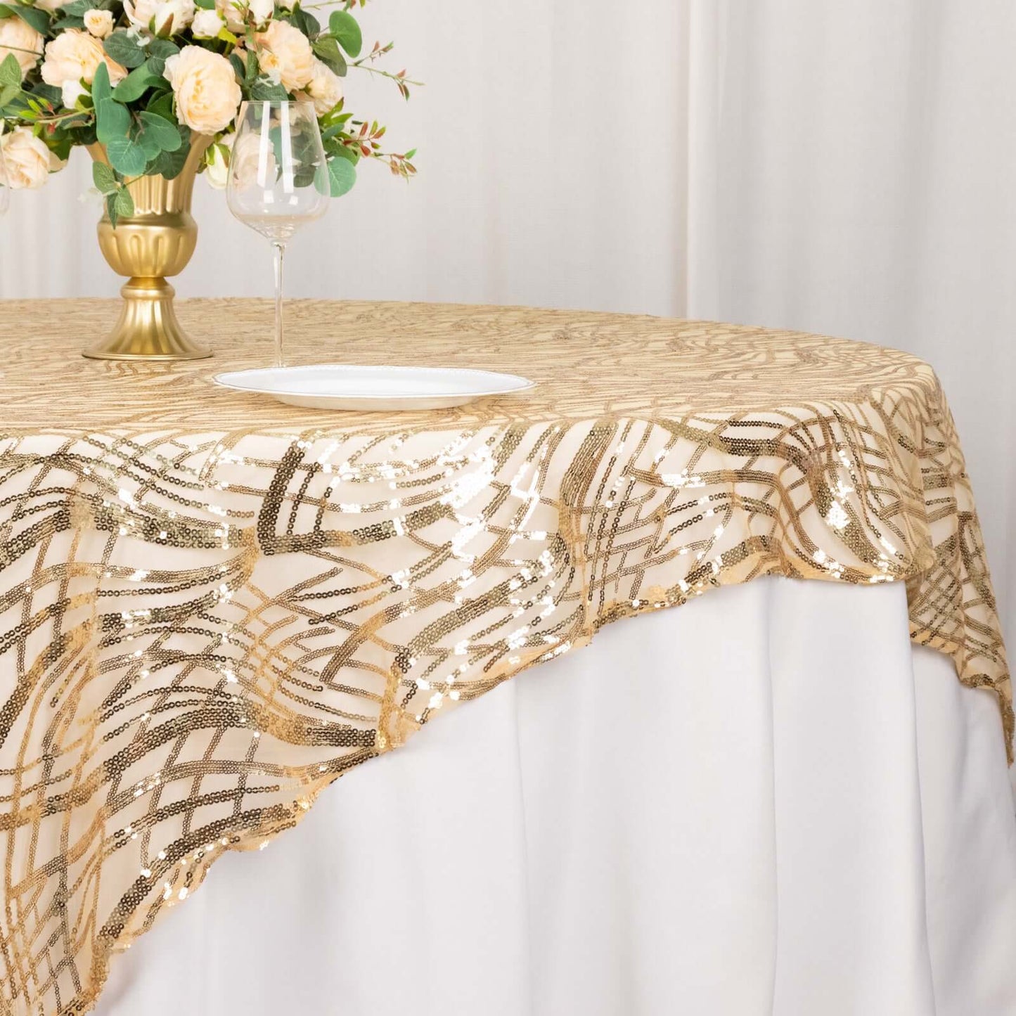 Mesh 72"x72" Table Overlay Square Tablecloth Champagne - Wave Embroidered Sequins Table Topper