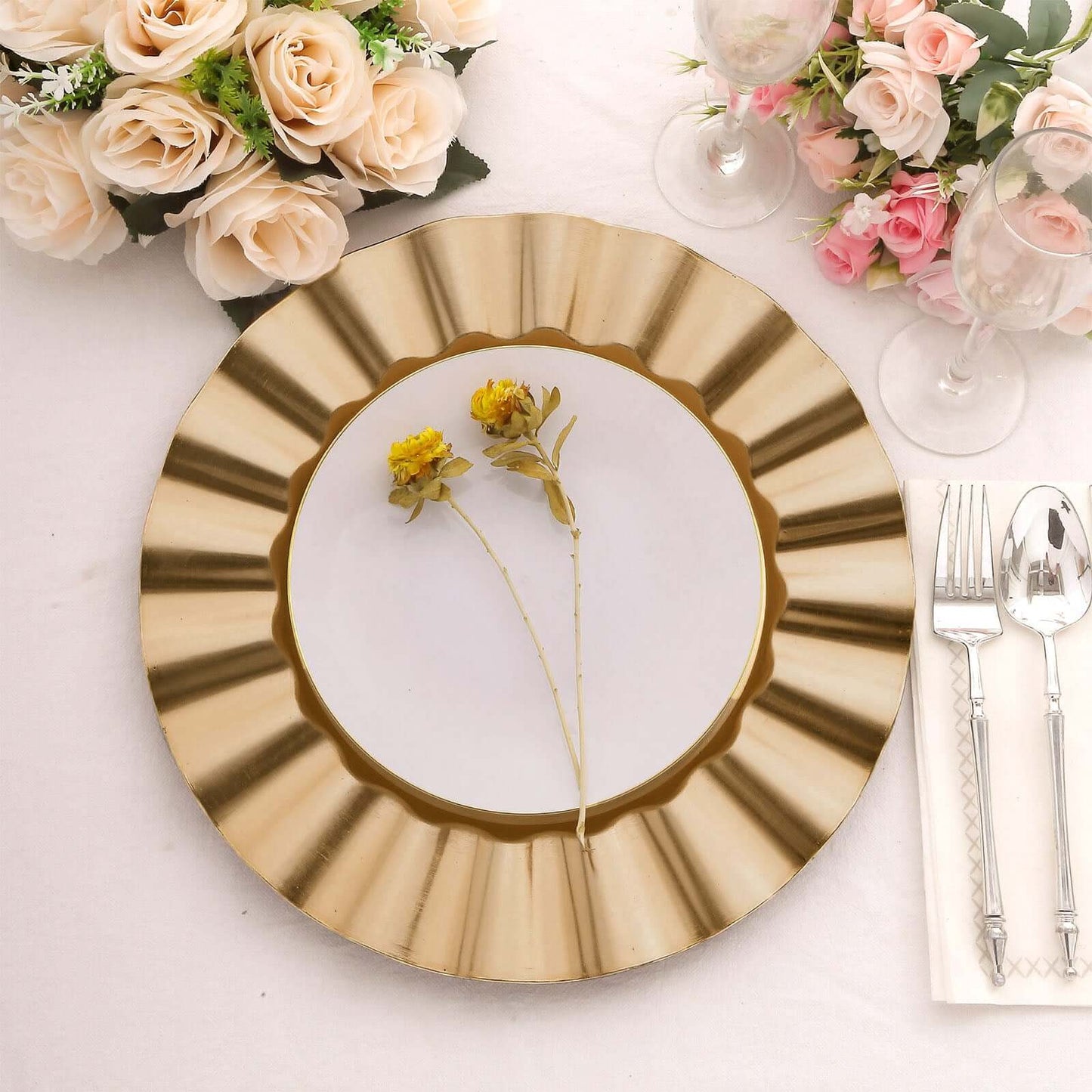 6-Pack Acrylic Plastic Round Charger Plates 13" in Gold with Wavy Scalloped Rim, Decorative Dinner Party Charger Tableware