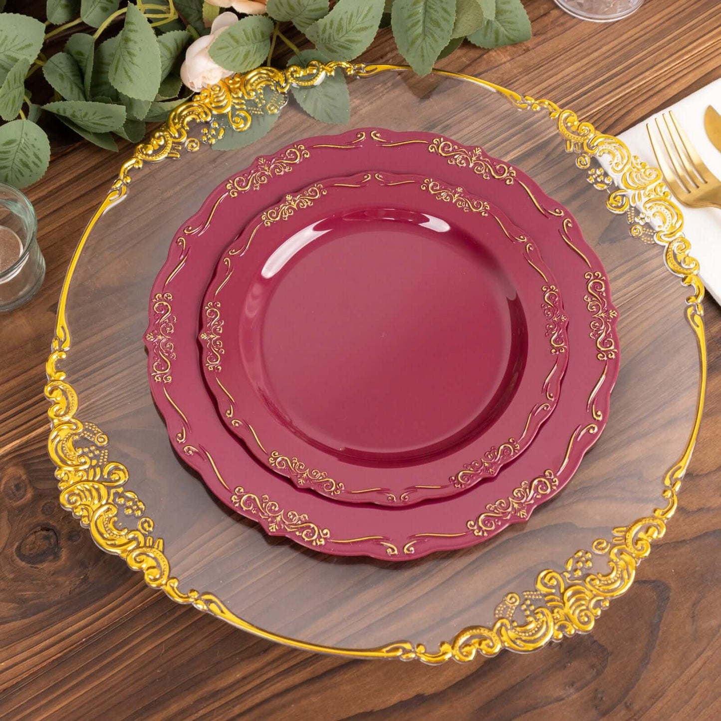 10-Pack Plastic 7" Round Dessert Plates in Burgundy with Gold Vintage Embossed Rim - Sturdy Disposable Scalloped Edge Salad Plates