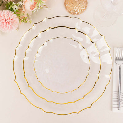 10-Pack Plastic 10" Round Dinner Plates in Clear Sunflower with Gold Scalloped Rim - Disposable Party Plates for Classy Events & Banquets