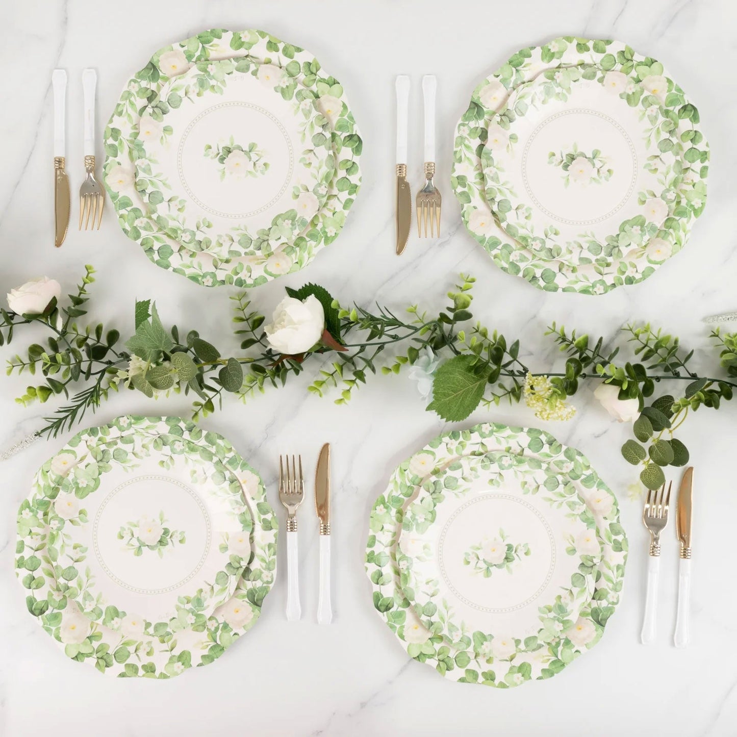 25-Pack Paper 11" Round Dinner Plates in White with Floral Greenery & Scalloped Edges - Disposable Party Plates for Nature-Inspired Events & Chic Celebrations