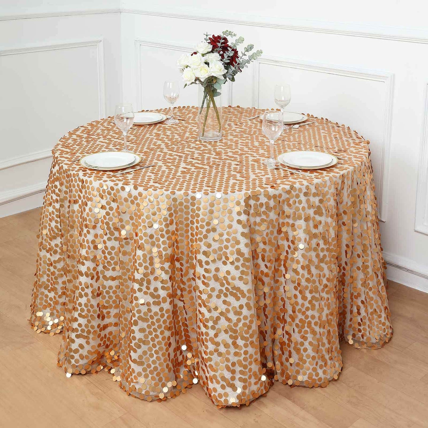 Sequin 120" Round Tablecloth Matte Champagne - Seamless Big Payette Table Cover