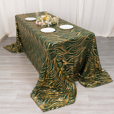 Mesh 90"x156" Rectangle Tablecloth Hunter Emerald Green/Gold - Wave Sequin Embroidered Table Cover